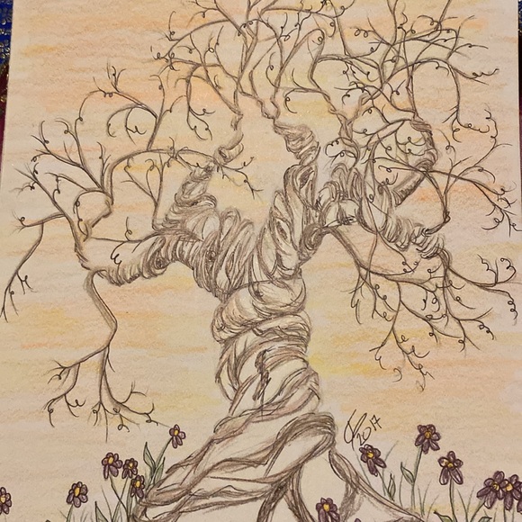 Unframed Original Art Drawing Illustration Pencil Crayon & Ink Tree & Flowers - Picture 3 of 4